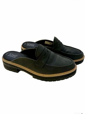 TOMS Cara Black Size 9.5 Mules Leather Loafers Lug Soles EUC